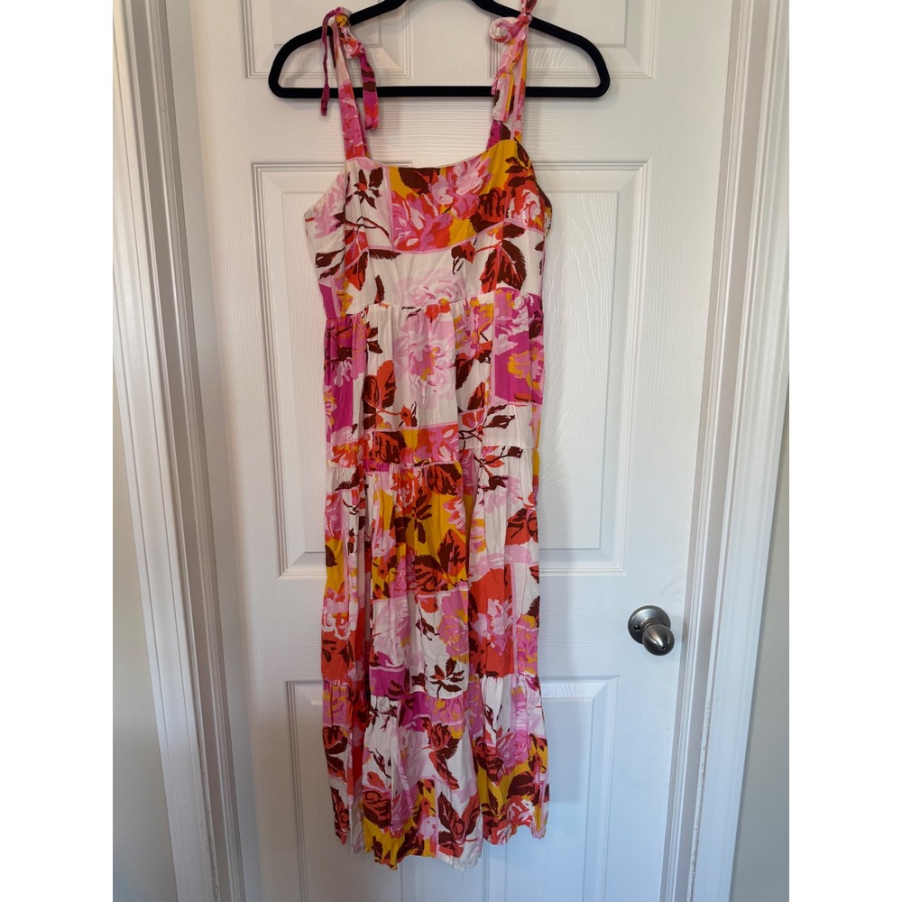 Japna Womens Pink Orange Floral Tiered Midi Dress Tie Shoulder Smocked Back M